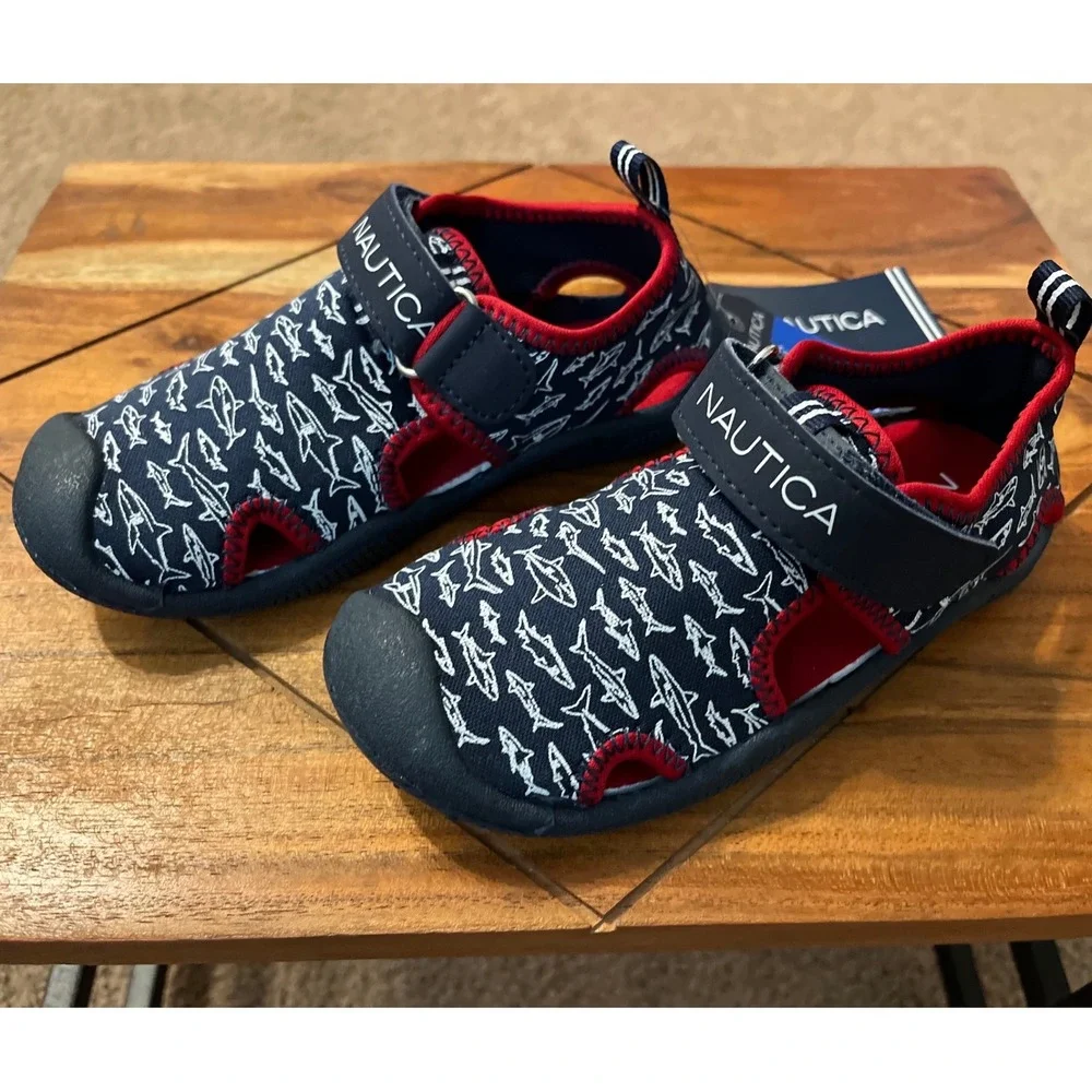 Nautica Kids Water Shoes Sandals Shark Print Navy Red Hook‎ Loop Size 9 NWT